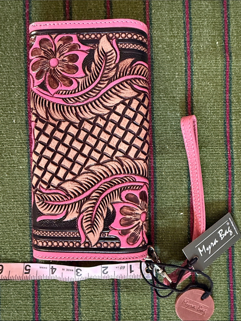 Pink Floral Tooled Wristlet Wallet - Handcrafted Leather Myra Bag - Picture 6 of 6
